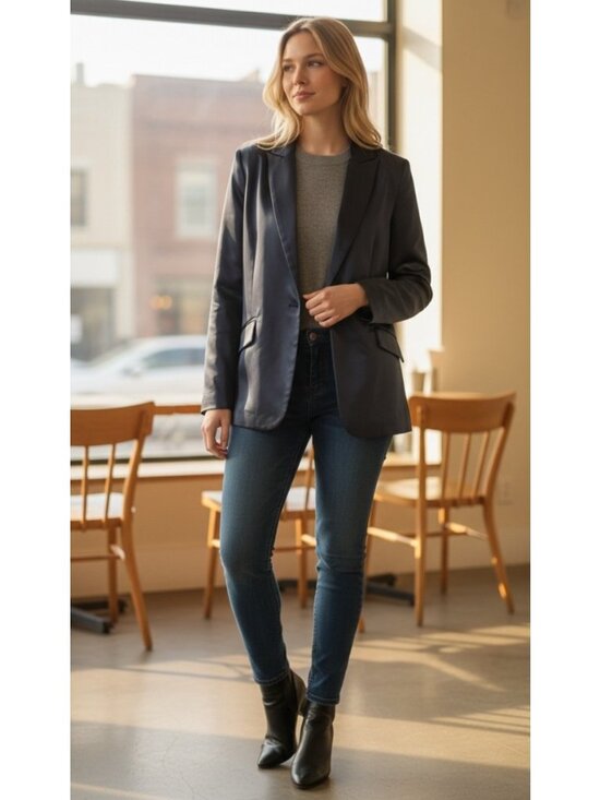 Democracy Jackets & Blazers - Democracy Midnight Blue Satin Blazer Jacket Size L Stretch Modern Chic Timeless